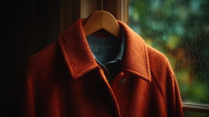 Coat on a Hanger: A cozy, weathered orange coat hangs serenely on a wooden hanger in a moment of rustic simplicity. The coat, an emblem of comfort, is set against a misty window scene.