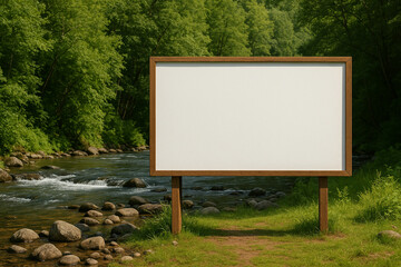 Fototapeta premium A blank billboard beside a gentle river surrounded by lush greenery and smooth stones. Ideal for promoting your brand in a peaceful outdoor environment.