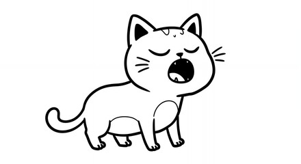 Obraz premium Monochrome Illustration of a Cartoon Cat Yawning with Bold Outlines in Simple Style