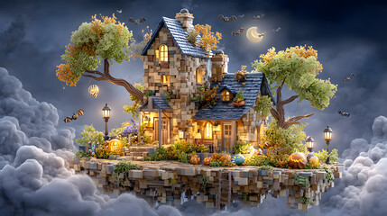 pastel spooky house A whimsical floating house in a fantasy sky. halloween decor for kids, cartoon haunted background