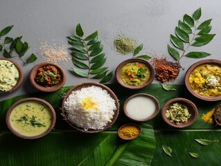 kerala traditional feast side dishes arranged