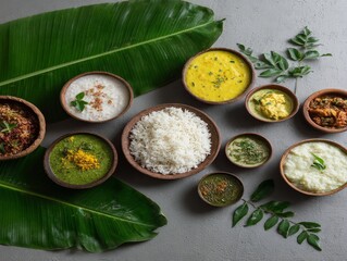 kerala traditional feast side dishes arranged