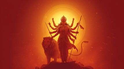 Durga Ashtami banner, Goddess Durga in warrior form with ten arms holding weapons, lion beside her, glowing aura, deep red-to-golden orange gradient background