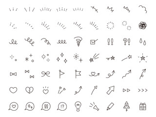 シンプルなアイコンのベクターイラストセット。飾り、ハート、シンプル、星、集中線