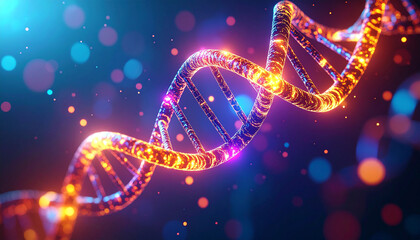 DNA Helix: A mesmerizing, macro-focused depiction of a DNA double helix, rendered with vibrant colors and intricate detail. A fusion of scientific understanding and artistic expression. 