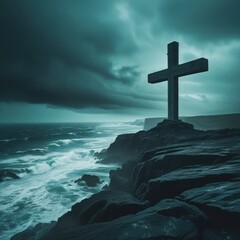 Solitary Cross Watches Over Stormy Shores Beneath Brooding Heaven&rsquo;s Veil