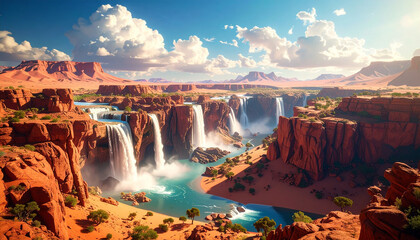 Waterfall in Canyon Landscape: The scene captures a breathtaking waterfall cascading through a rugged canyon, creating a stunning visual of nature's power and beauty. 