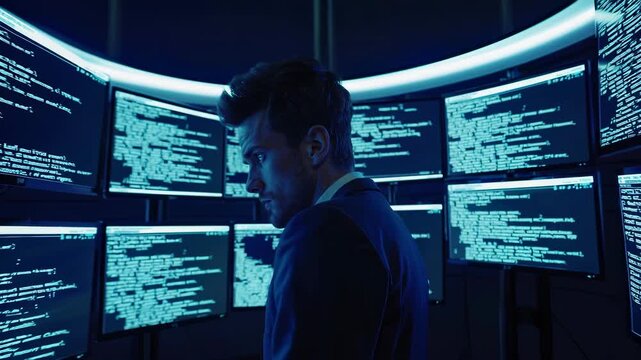 Man surrounded by monitors writes code in dark room. Hacker analyzes cyber data. Hacker works with programming data on monitors. Technology hacker coding with computers. Developer focuses on code data