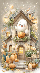 pastel spooky house Whimsical ghost with pumpkins in autumn setting. halloween decor for kids, cartoon haunted background
