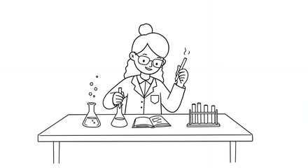 Monochrome Line Art of Woman Scientist in Lab Coat Examining Beakers and Test Tubes on White Background Illustration Focused on Scientific Research and Experimentation