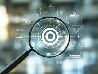 A magnifying glass hovers over digital graphics depicting various data metrics, analytics, and trends in a contemporary office environment. The background is blurred, emphasizing the analysis.