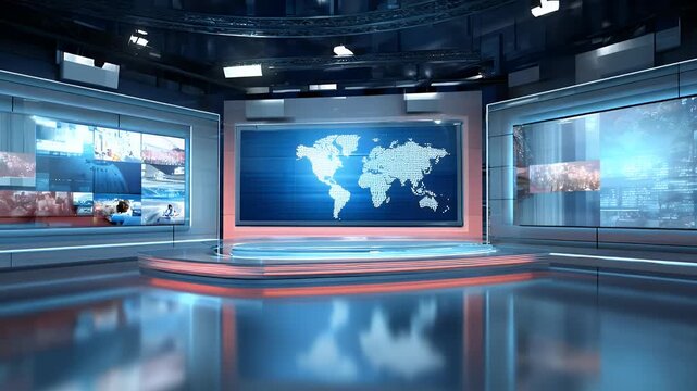 
A news studio set with large screens displaying global events and breaking news, along with people's happy moments, 