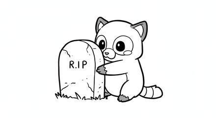 Fototapeta premium Monochrome Raccoon Hugging a Tombstone with RIP Inscription in a Line Art Style on a White Background