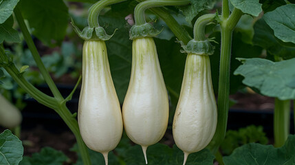 Three pale yellow-green, elongated squash, hanging from vines.  Healthy, fresh, and vibrant green leaves surrounding