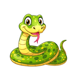 Fototapeta premium Cute cartoon green snake coiled and smiling isolated on transparent background