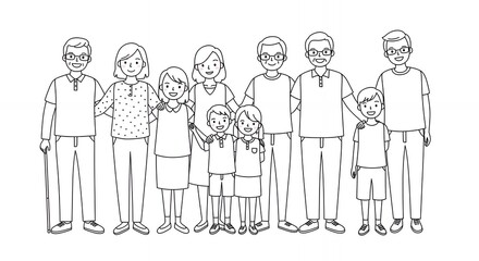 Monochrome Vector Illustration of Multi Generational Family Group Standing Together in a Row With Simple Outlines on a White Background
