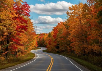 A winding road through a forest bursting with vibrant autumn colors
