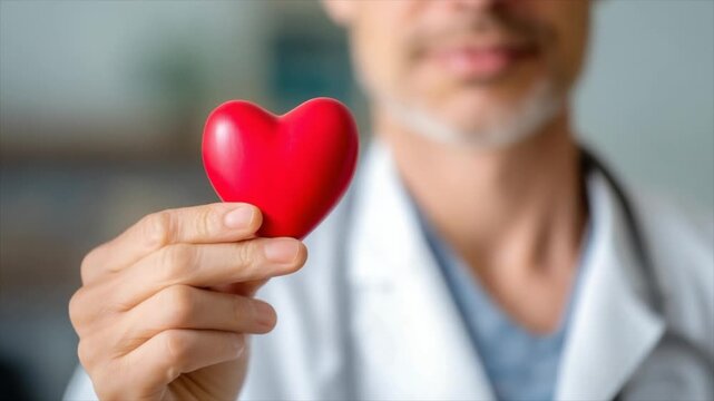 A doctor holding a red heart-shaped object in their hand