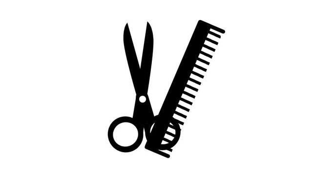 Black scissors and comb icon. Minimalist barbershop or hairdresser symbol animation. 