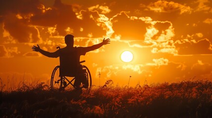 A man in a wheelchair looks hopeful as he reaches out towards the setting sun.