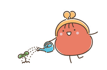 芽に水やりをしているおサイフさん