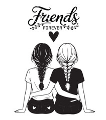 Two best friends embrace with braided hair under Friends Forever text and heart
