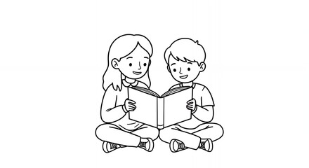 Two Young Children Reading a Book Together in a Black and White Line Art Illustration Minimalist Drawing of Kids Sharing a Story in Educational Setting