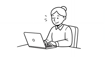 Woman Typing on Laptop at Desk in Black and White Illustration on Plain Background With Neat Bun and Simple Line Art