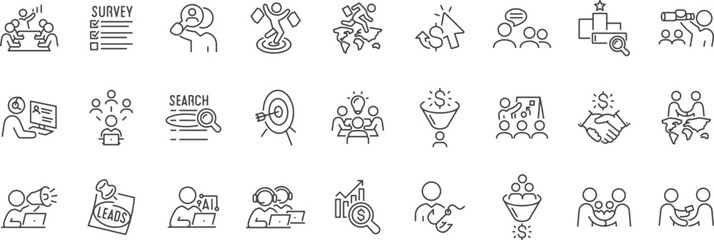 Teamwork and Research Icon Set – Survey, Data, Analytics, Collaboration, Research, Communication, Presentation, Leadership, Conference, Study, Interview, Reading, Search, Business Meeting, Results, Gr