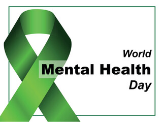 Green awareness ribbon symbolizing mental health support with bold text "World Mental Health Day" on a clean white background. Concept for global mental health awareness, support, and advocacy