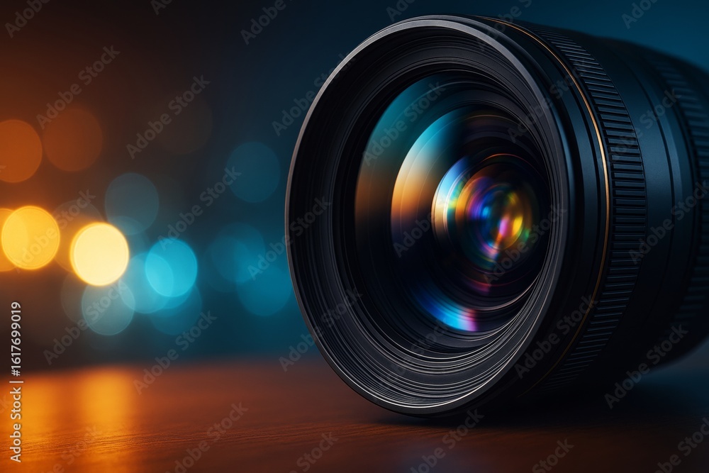 Poster close-up of a professional camera lens with colorful reflections on a wooden surface and blurred bok