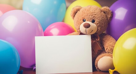 birthday gift blank card with pastel balloons and cute teddy bear on blue background, perfect for care messages, children’s gifts, and thoughtful recovery sentiments.