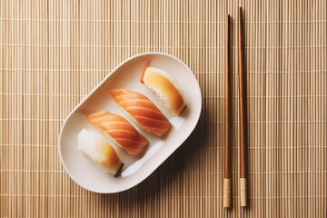Fresh Sushi Platter with Salmon, Tuna, and White Fish on Bamboo Mat with Chopsticks