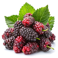A vibrant pile of fresh red and black mulberries with green leaves, isolated on a white background