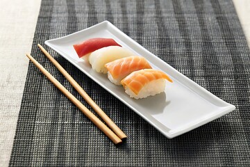 Fresh Sushi Selection on Elegant Plate with Chopsticks on Stylish Table Mat