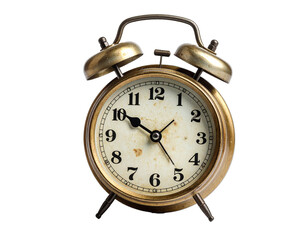 Vintage Alarm Clock with Cracked Glass and Rusted Frame, Isolated PNG