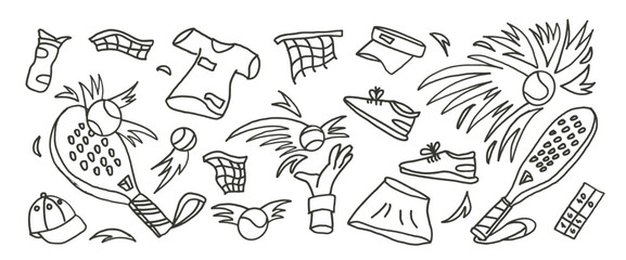 Padel tennis outline sketch set. Racket, ball, sport dress hand drawn marker isolated on white background. Scribble sport equipment elements. Vector fitness and active hobby illustration by pencil.