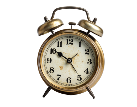 Vintage Alarm Clock with Cracked Glass and Rusted Frame, Isolated PNG