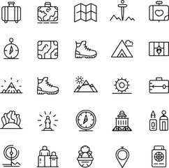 Fototapeta premium Travel and Adventure Outline Icon Set 30 Editable Stroke Vector Symbols of Landmarks and Camping