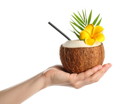 Hand Holding Coconut Drink with Tropical Fruit Garnish, Isolated on Transparent