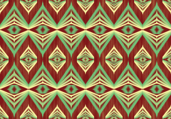 A bold seamless Ikat pattern using green, red, and gold hues forming vivid diamond motifs with sharp angular layers, reflecting strong tribal influences.