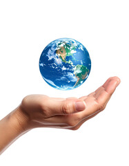 Hand Holding Floating Earth, Isolated on Transparent Background