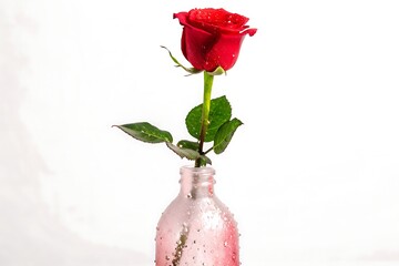 Single Red Rose in Water Bottle with Dew Drops on Petals and Leaves Against White Background