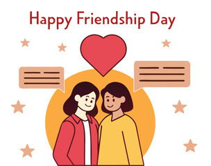 Two happy Asian women smile together beneath a heart and chat bubbles, celebrating friendship day
