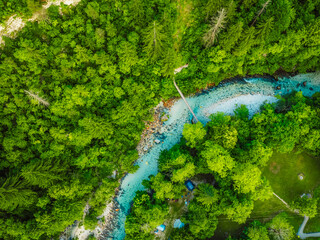 Wonderful Soca river and gorge in the green forest, Bovec, Slovenia. Kayaking destination in Slovenia in Triglav National park