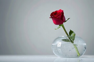 Elegant Red Rose in Water with Dew Drops in Clear Glass Vase on Light Background