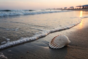 Beautiful Sunset Over Calm Beach with Seashell in Foreground and Gentle Waves Lapping Shore