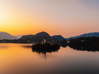 Bled, Slovenia. Bled Castle with Lake Bled with the Church of the Assumption of Maria and Julian Alps in the background