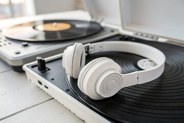 Modern Headphones Resting on Vinyl Record Player with Vintage Records and Light Background