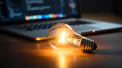 light bulb with laptop computer, idea of ​​inspiration from online technology, innovation idea concept, Self learning or education knowledge and business studying concept.
